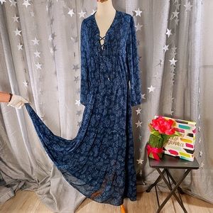 MICHAELKORS Maxi Tiered Blue GoldHardware Dress L